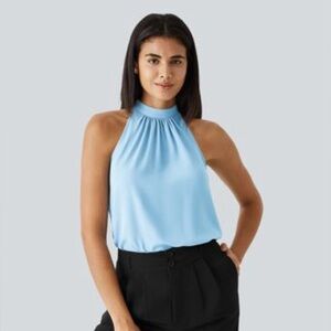 HALARA NWT Keyhole Back Halter Sleeveless Curve Hem Work Blouse XL Rippling Blue
